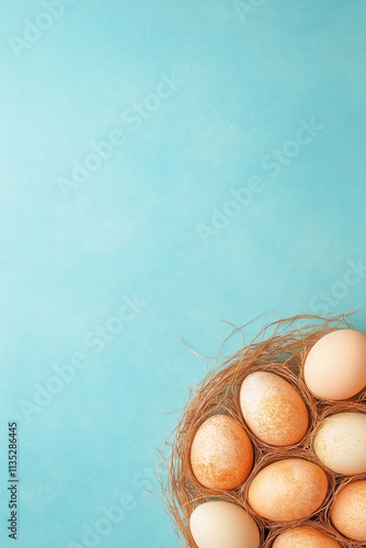 Freshly collected eggs nestled in a straw filled nest against a soft blue bac...