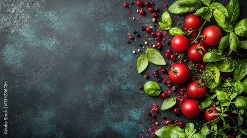 Fresh tomatoes and basil arranged on dark stone background with scattered spi...