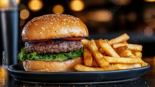 Juicy hamburger with fresh toppings and sesame seed bun on a rustic wooden table