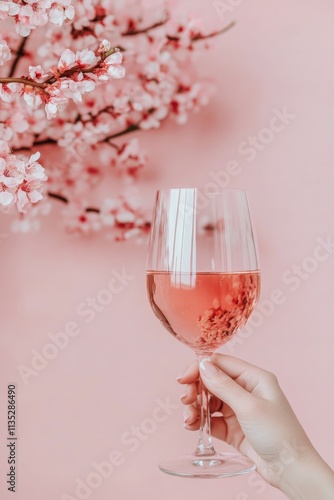 Sip of rose wine beside pink cherry blossom branches in springtime ambiance