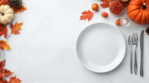 Autumn table setting with pumpkins, cutlery, and decorative elements for a fe...