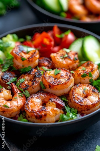 Fresh shrimp salad bowl with colorful vegetables and lemon garnish on a black...