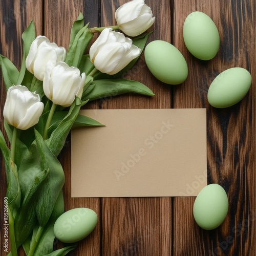 Beautiful spring arrangement with white tulips, decorative eggs, and blank ca...