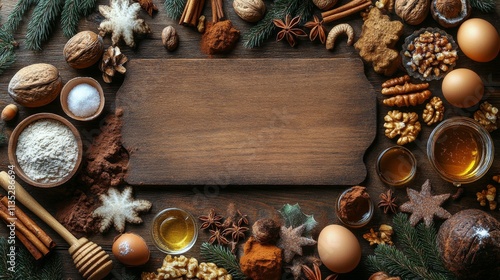 Ingredients for baking displayed on a rustic wooden table with various spices...