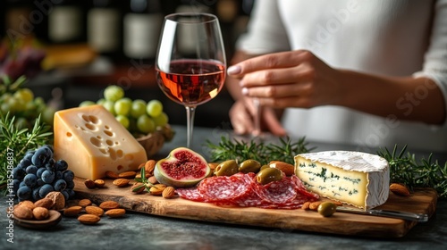 Wine and cheese platter with fresh fruits and nuts on a kitchen counter durin...
