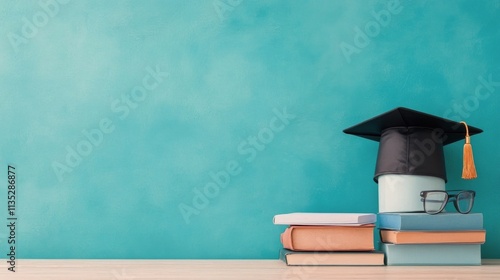Graduation cap resting on stacked books against a light blue wall
