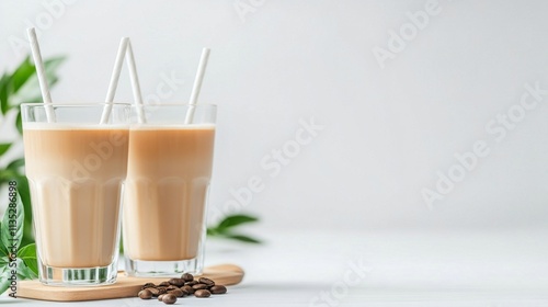 Chilled coffee drinks served with striped straws and coffee beans on a rustic...