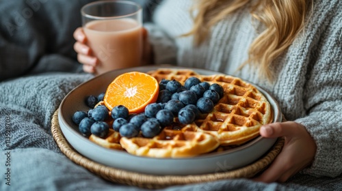 Morning breakfast in bed with fresh fruit and waffles enjoyed by a smiling wo...