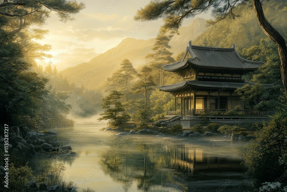 Obraz premium Serene temple, misty river, mountain sunrise.