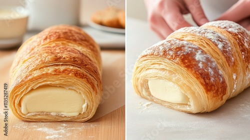 Freshly baked croissant with creamy filling on a wooden surface during daytim...