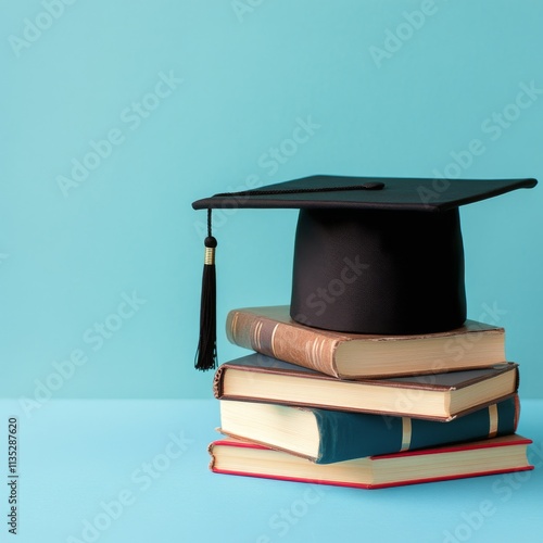 Graduation cap on a stack of books against a light blue background