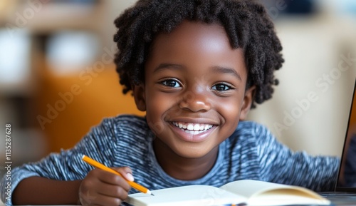 Child engaged in learning with a big smile while studying at home