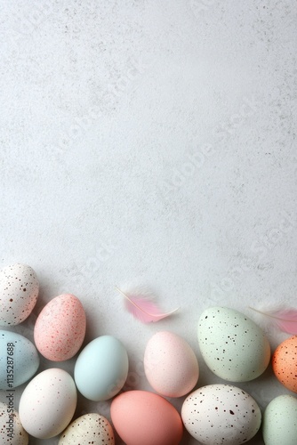 Colorful eggs arranged in a box with spring flowers on a blue background