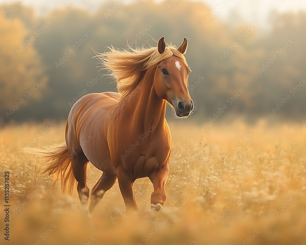 Obraz premium Beautiful chestnut horse trotting through grassy field mane flowing in the breeze natural and free