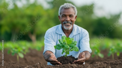 Senior man planting a young vegetable seedling in a green field during daytime