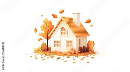 Cozy Autumn House: A 3D Render of a charming house nestled amidst falling autumn leaves, exuding warmth and tranquility.