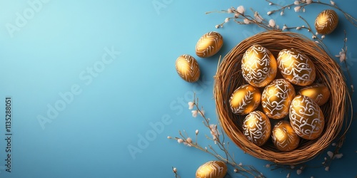 Golden decorated eggs in a rustic basket with dried twigs on a blue background