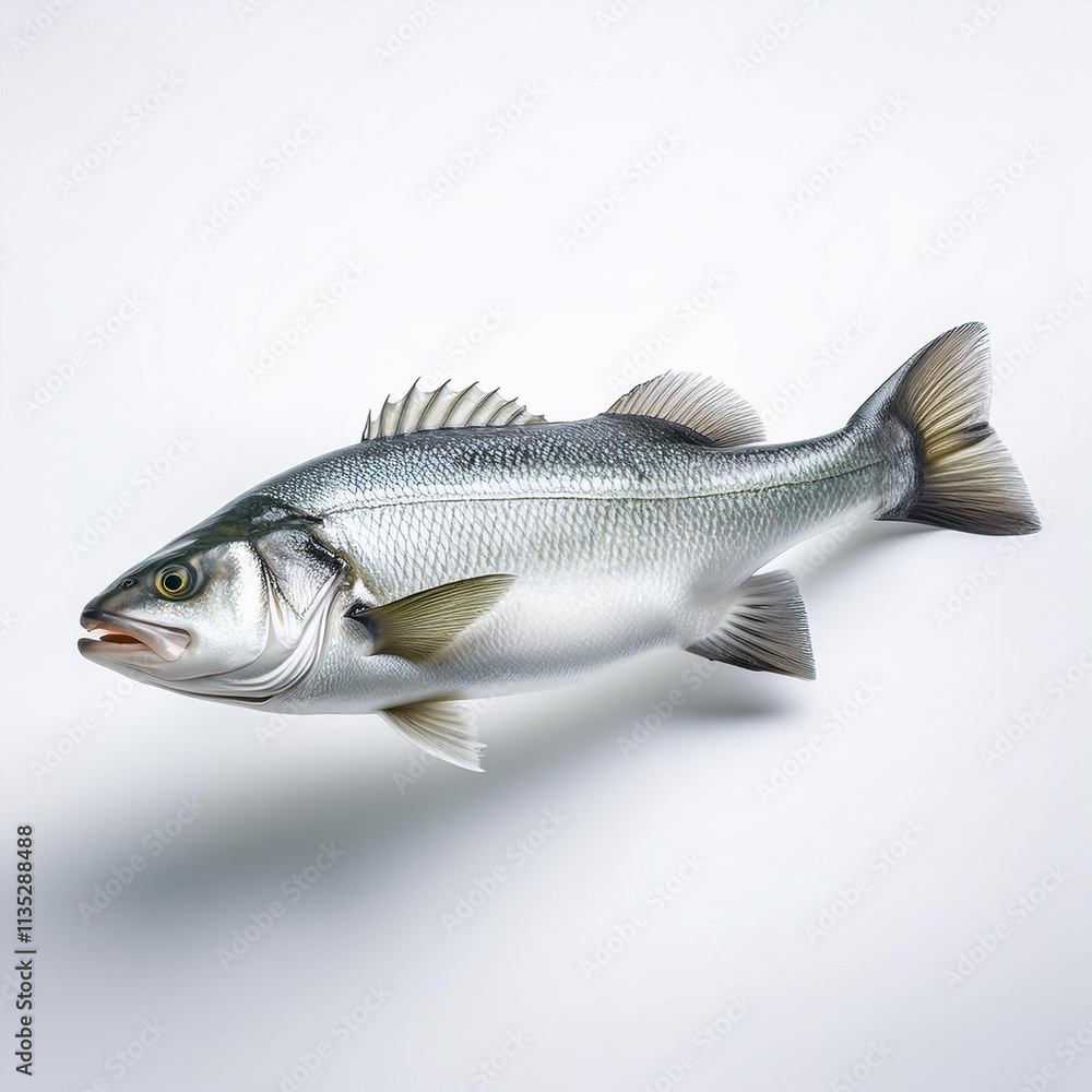 Fototapeta premium Generpoisson, bar , isolé, aliment, blanc, frais, brut, animal, pêche, fruits de mer, mer, ailette, carpe, sain, , queue, tête, fond blanc, attraper, argent, fraîcheur, nature,, eau douce,ated image