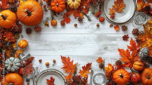 Autumn table setting with pumpkins and autumn leaves for a festive gathering