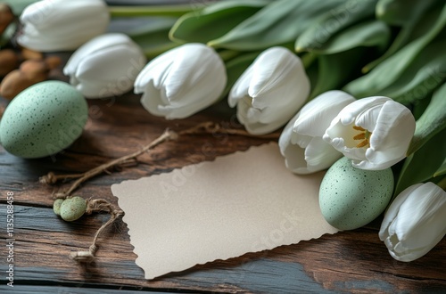 Spring celebration with white tulips and pastel eggs arranged on blue wooden ...