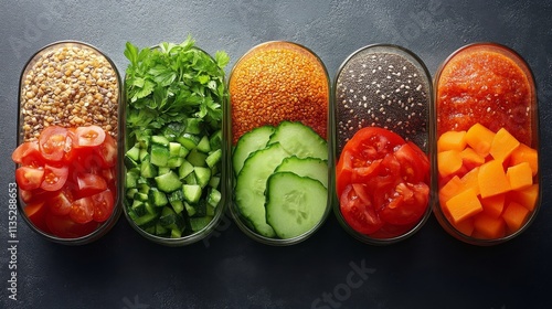 Fresh ingredients arranged in containers for a healthy meal preparation