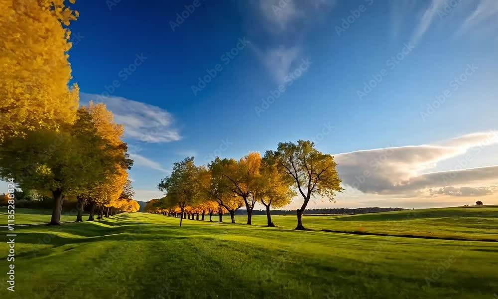 Golden Trees Lining Grassy Field Under Vibrant Blue Sky, Serene Landscape with Autumn Trees and Clear Sky
Golden Trees Lining Grassy Field Under Vibrant Blue Sky, Serene Landscape with Autumn Trees and Clear Sky