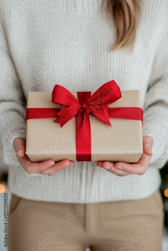 Person presents a beautifully wrapped gift with a red ribbon during a festive...