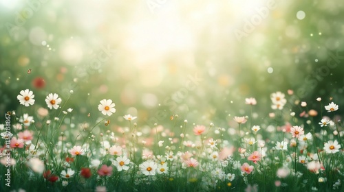 Bright flowers bloom in a vibrant meadow under soft sunlight during springtime