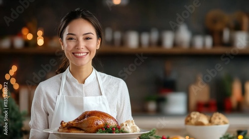 Chef carving a roasted turkey garnished with berries during a festive celebra...