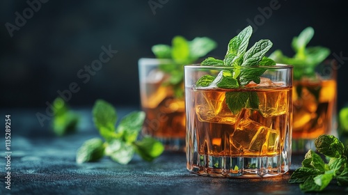 Refreshing mint drinks served in glasses with ice in a dimly lit setting