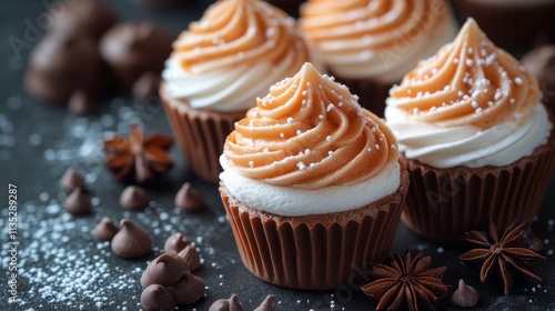 Delicious dessert cupcakes with chocolate and caramel topping showcased on da...