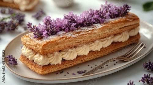 Lavender dessert with cream filling and edible flowers garnished on a white p...