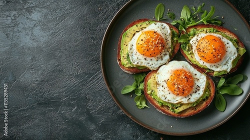 Delicious avocado toast topped with fried eggs served on a rustic plate