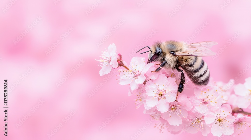Honeybee on Delicate Pink Blossom Springtime Scene Honeybee on Delicate Pink Blossom Springtime Scene