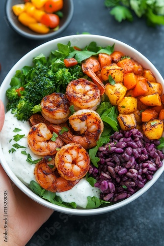 Fresh shrimp salad bowl with colorful vegetables and lemon garnish on a black...