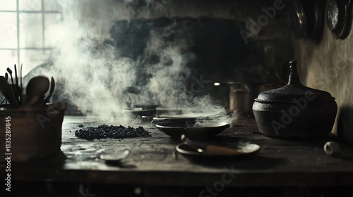 A rustic kitchen scene with smoke, pots, and utensils, evoking a sense of warmth and tradition. photo