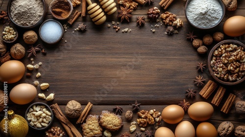 Ingredients for baking displayed on a rustic wooden table with various spices...