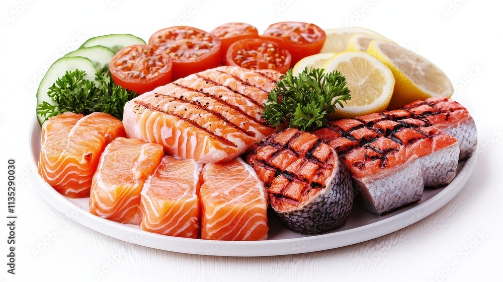 Grilled Salmon with Vegetables and Lemon Slices Grilled Salmon with Vegetables and Lemon Slices
