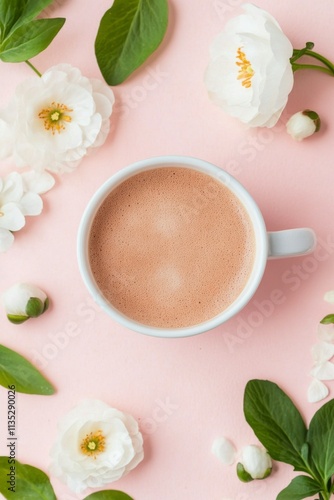 Warm beverage surrounded by delicate flowers on a light surface