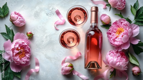 Beautiful arrangement of rose wine bottle with glasses and peonies in soft pa...