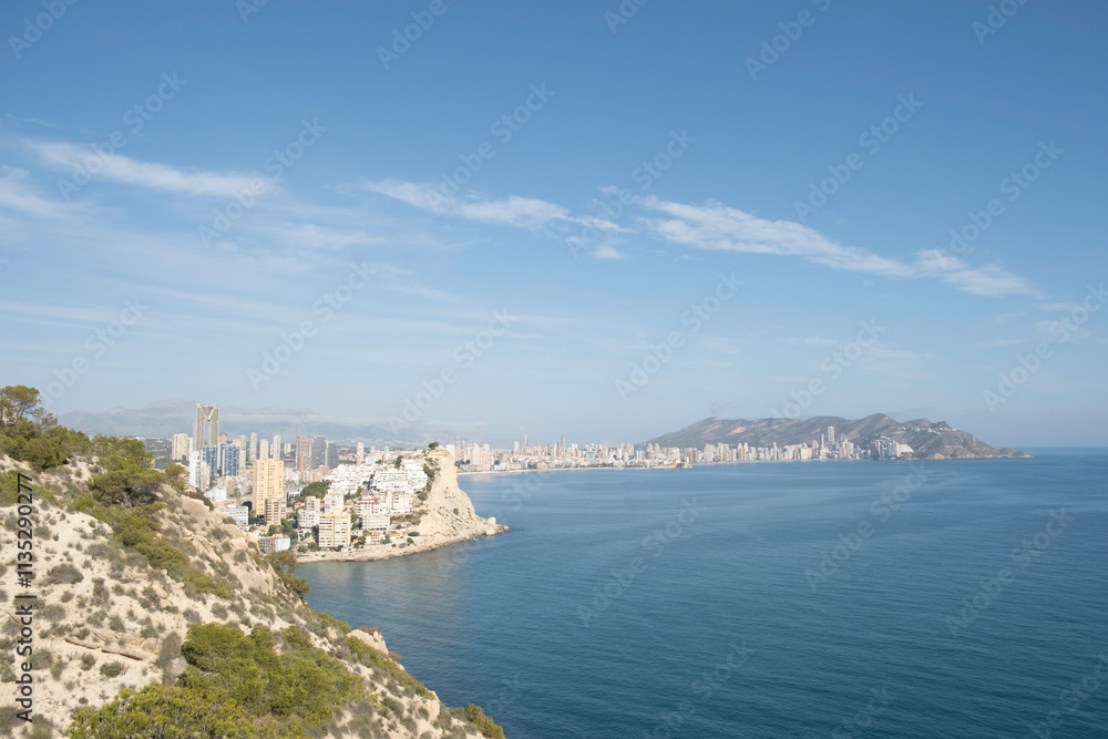 Benidorm, Alicante province, Spain. View to popular Spanish resort Benidorm and Mediterranean Sea Benidorm, Alicante province, Spain. View to popular Spanish resort Benidorm and Mediterranean Sea