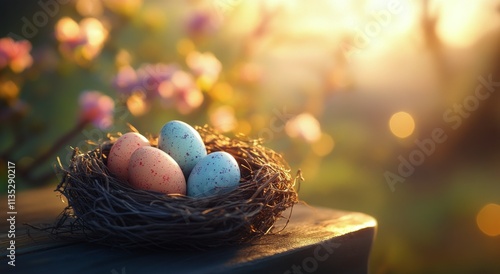 Colorful Easter eggs nestled in a natural nest surrounded by soft sunlight an...