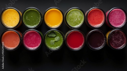 Colorful fruit smoothies served in tall glasses with fresh berries on top