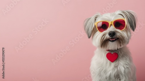 Cute puppy wearing yellow sunglasses poses against a pink background for an a...