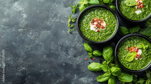 Fresh green soup served in bowls with mint and cucumber slices on a marble su...