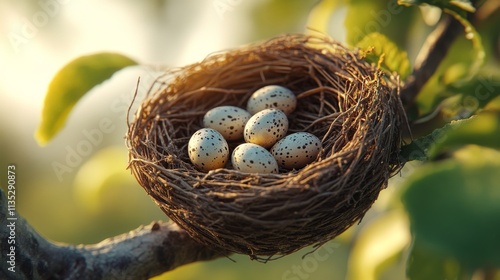 Nest with speckled eggs resting on a mossy tree branch in a serene natural se...