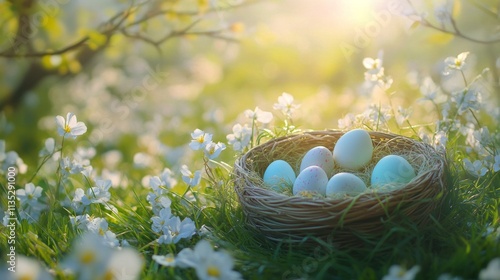 Colorful eggs resting in a woven basket among blooming flowers on a sunny spr...