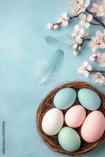 Colorful eggs arranged in a box with spring flowers on a blue background