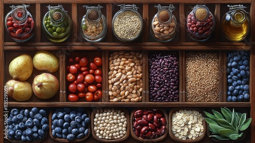Colorful display of fresh ingredients and condiments in a wooden shelf arrang...