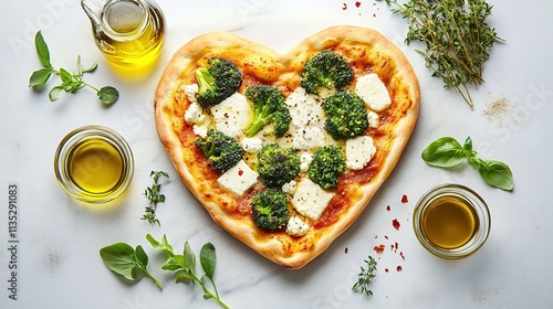 Wallpaper Mural A heart-shaped pizza with broccoli and feta cheese, on a white marble background.  Torontodigital.ca